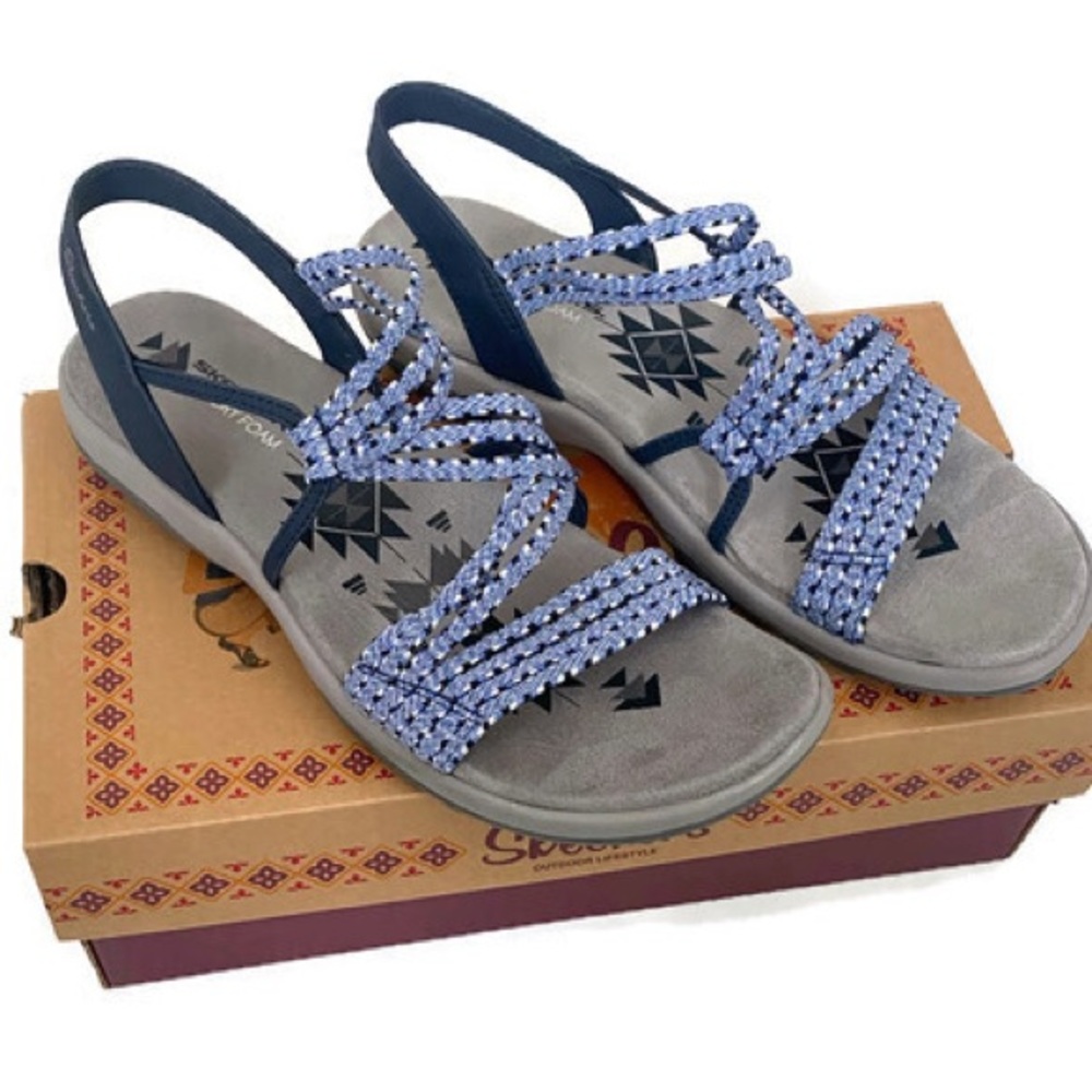 10 Skechers REGGAE slim Sandals Washable Vegan navy blue slip on water shoes - Picture 6 of 10